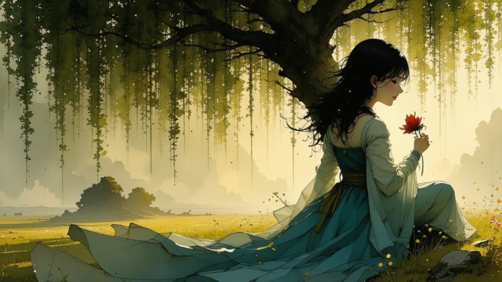 Serene Woman Beneath Weeping Willow Tree