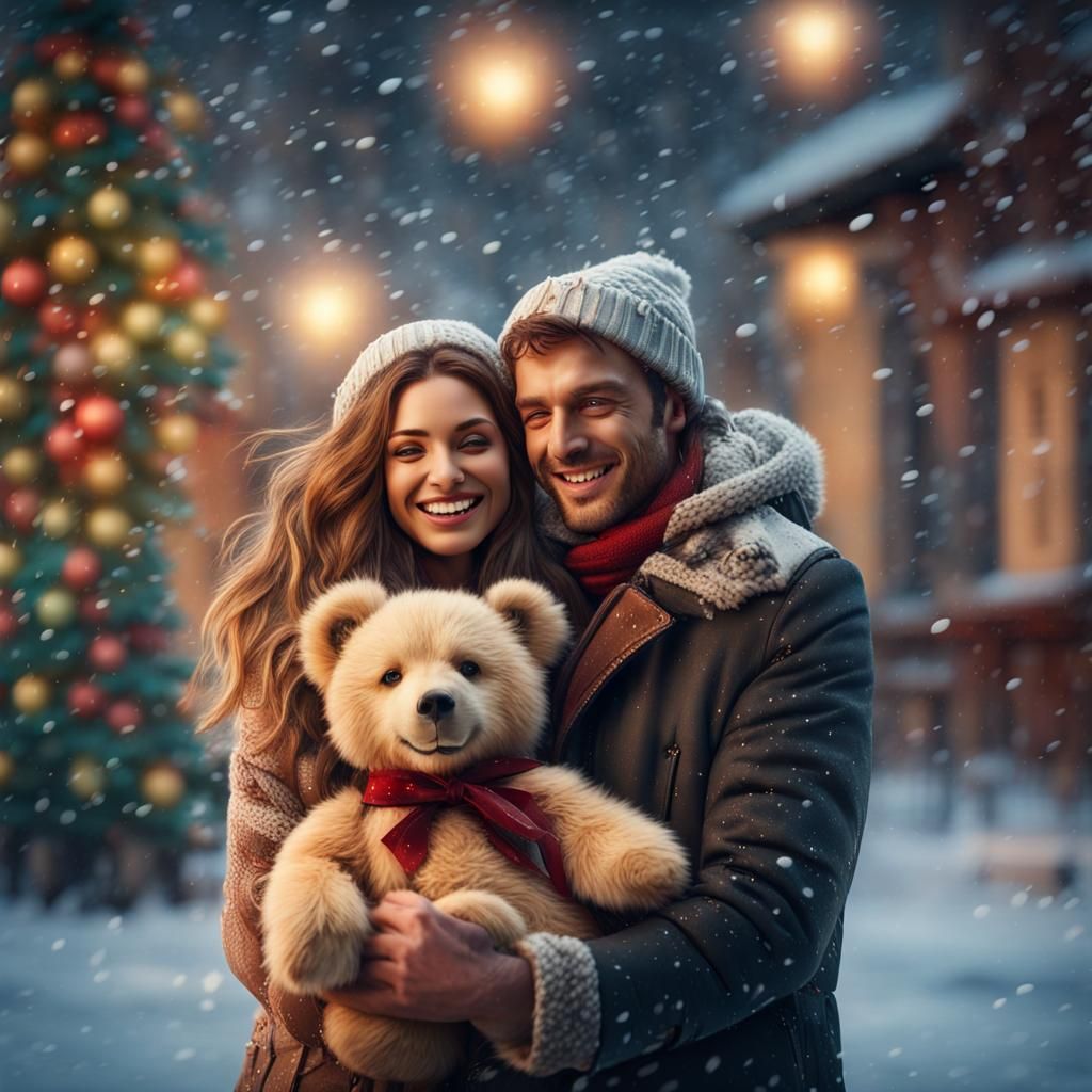 Happy Couple in Snowy Christmas Scene