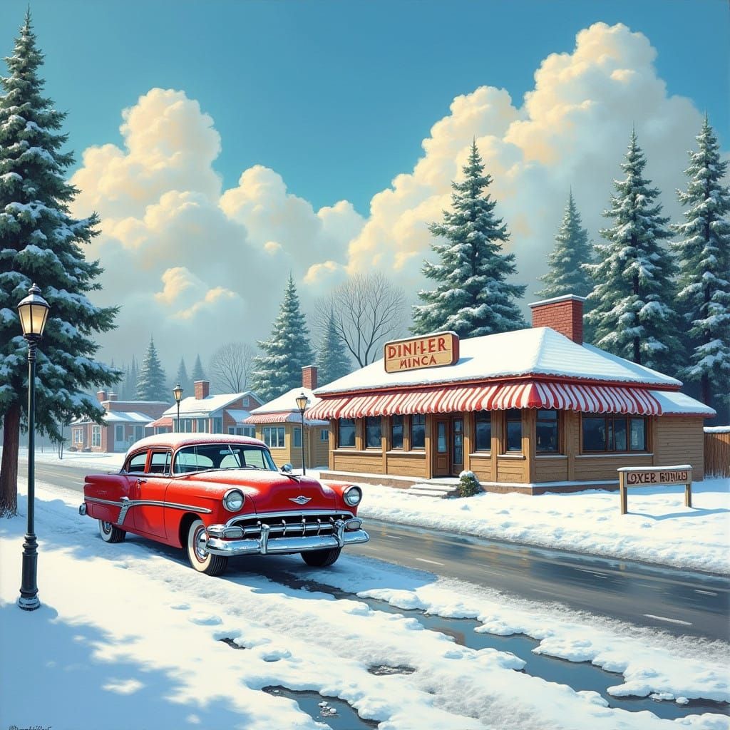 Winter Wonderland Scene with Vintage Diner and Classic Car