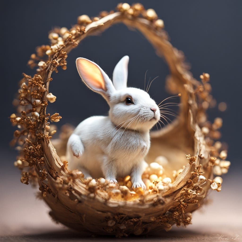 Whimsical Digital Art of a Tiny Bunny in a Walnut Shell