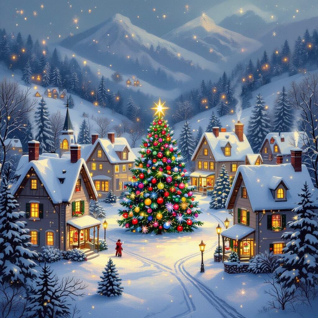 Christmas Village in Snow-Covered Valley, Warm Lighting