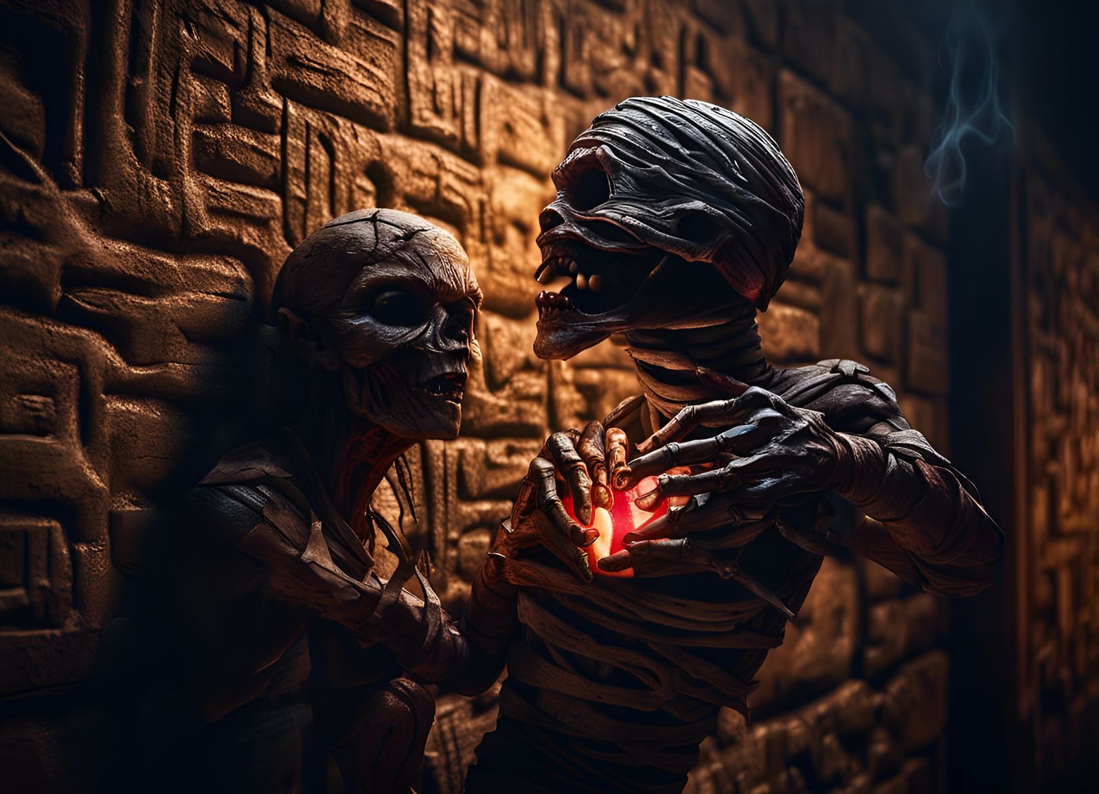 Terrifying Mummy Feast with Hieroglyphs in Photorealistic St...