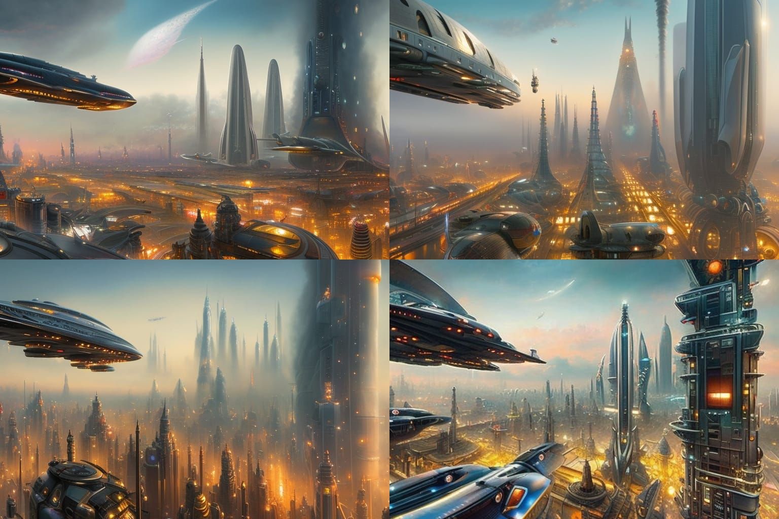 Futuristic Cityscape with Zeppelins, Detailed Concept Art