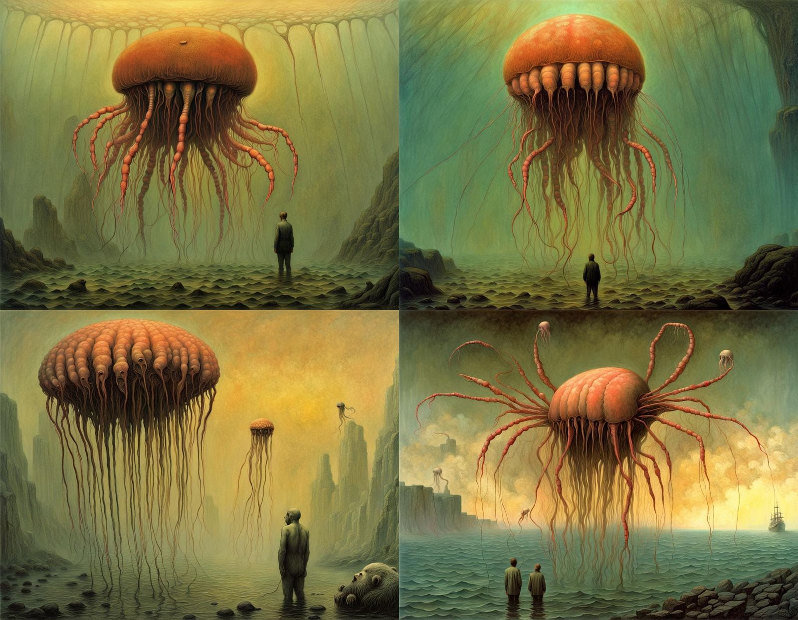 Nightmarish Hybrid Creatures in Dystopian Horror Scene