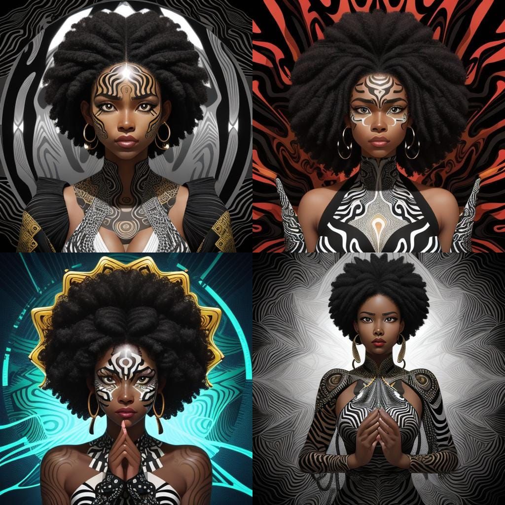 Afrocentric Woman with Zebra Pattern and Fractal Designs