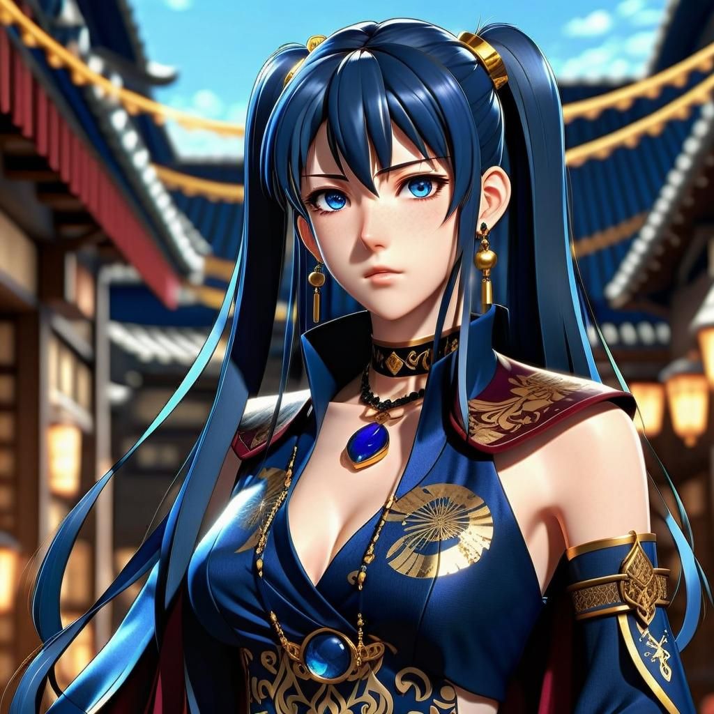 Anime-Style Female Warrior in Dark Blue Armor