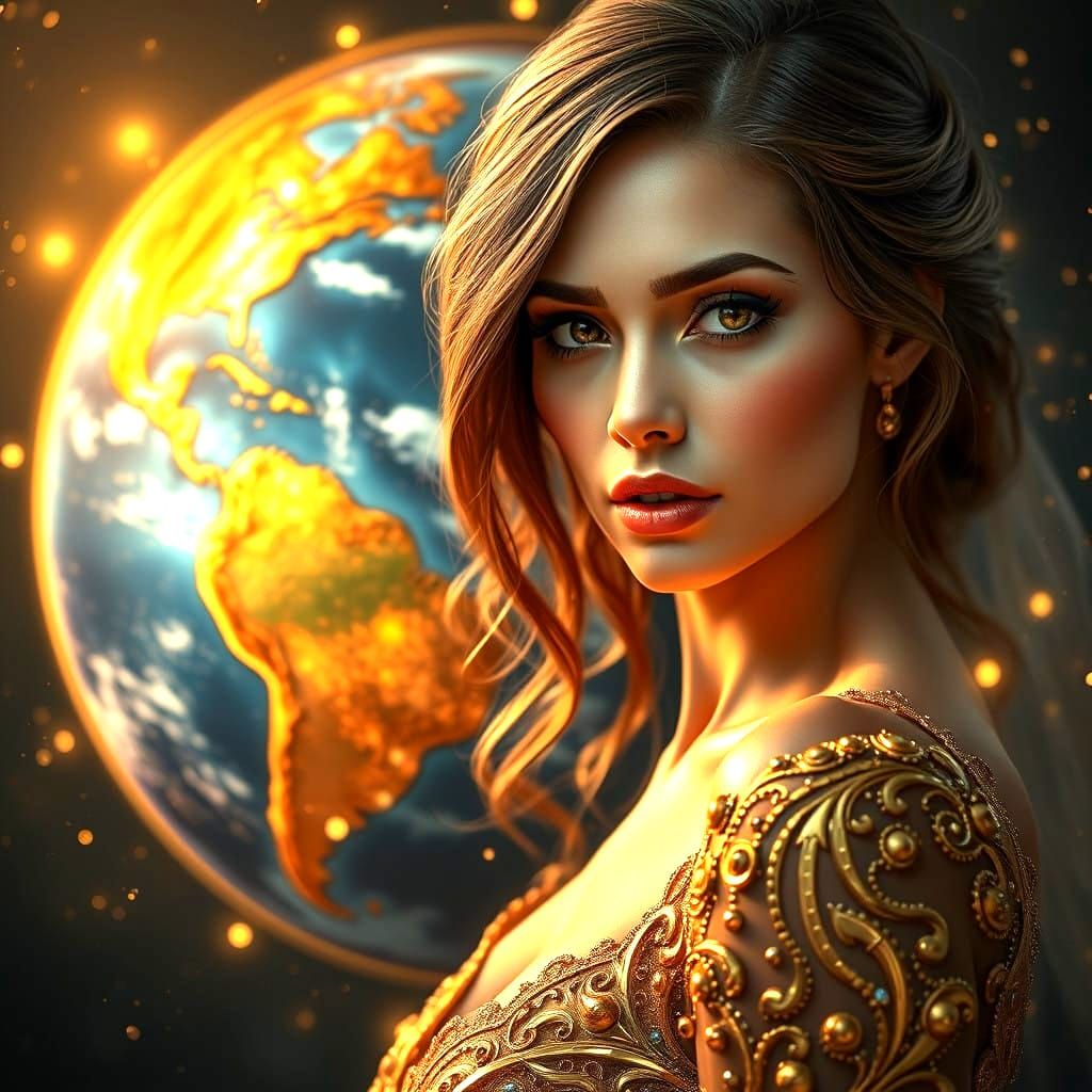 Enchanting World Globe Goddess in Resplendent Gold and Blue