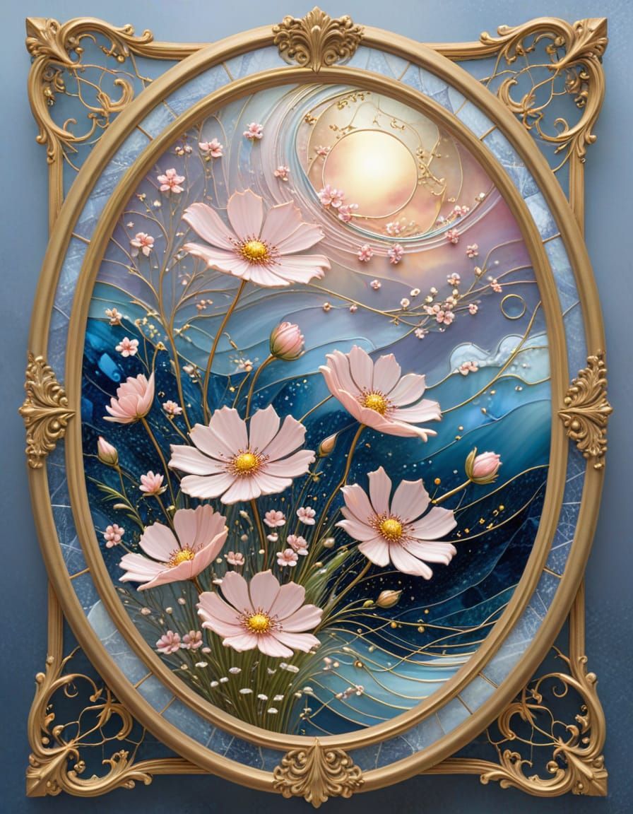 Oval Stained Glass Cosmos Flowers in Gold Filigree Frame