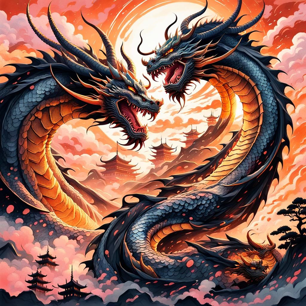 Dragons Clash Above Medieval Japan: Ink Wash Painting