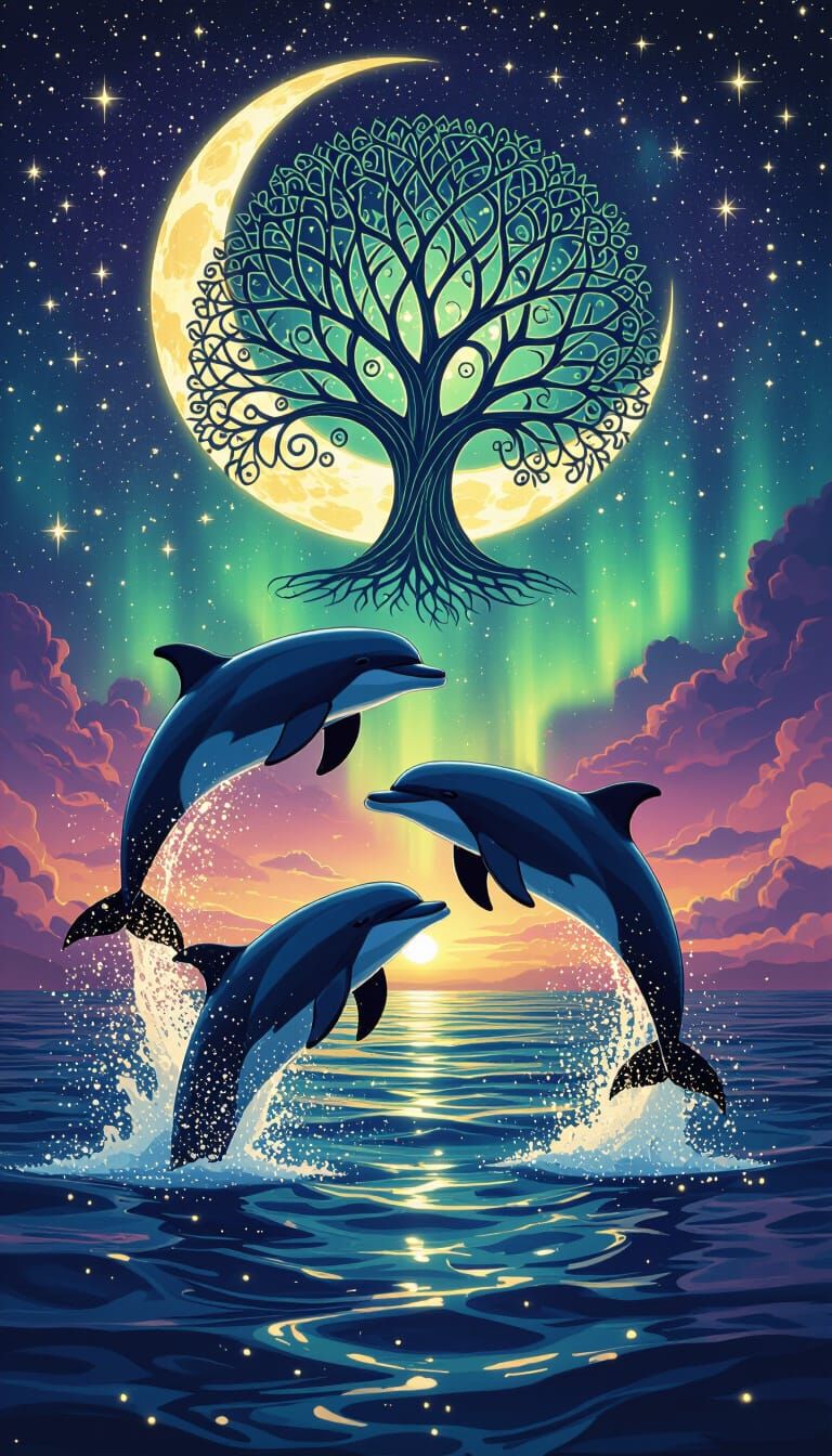 Dolphins Under Cosmic Tree of Life, Dark Fantasy Art