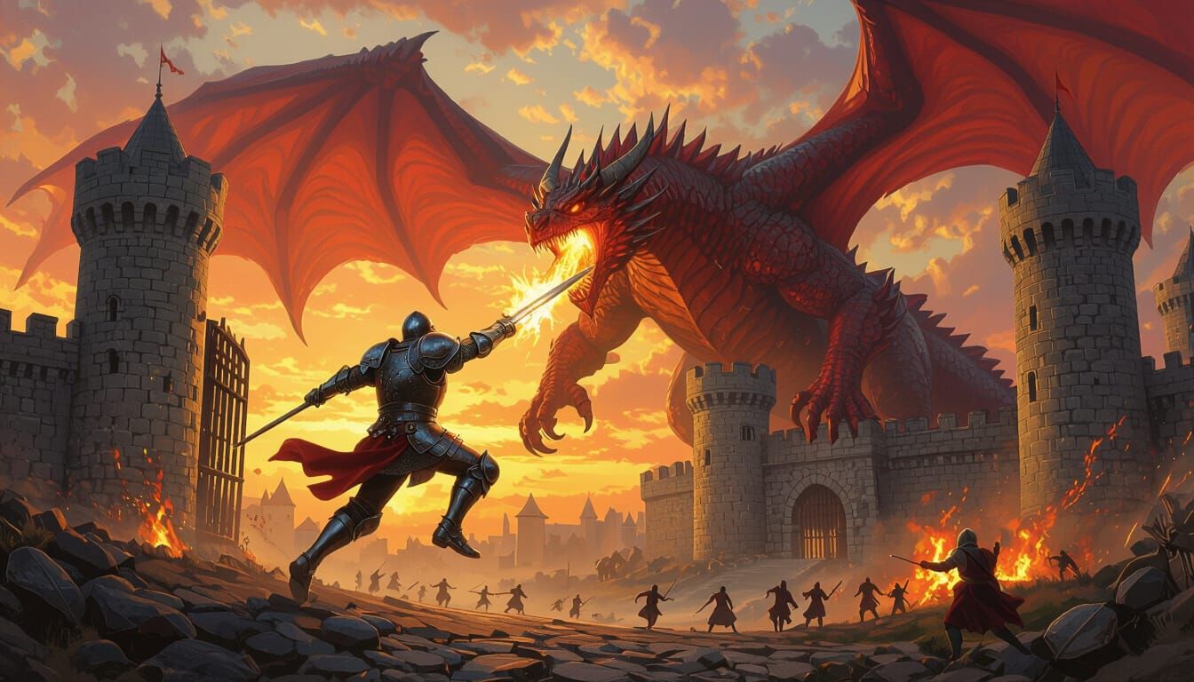 Knight Battles Fiery Dragon in Cinematic Fantasy Painting