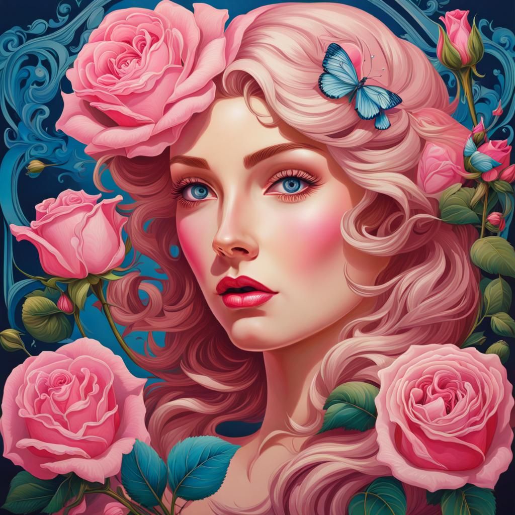 Pink Roses and Blue-Eyed Woman in Art Nouveau Style