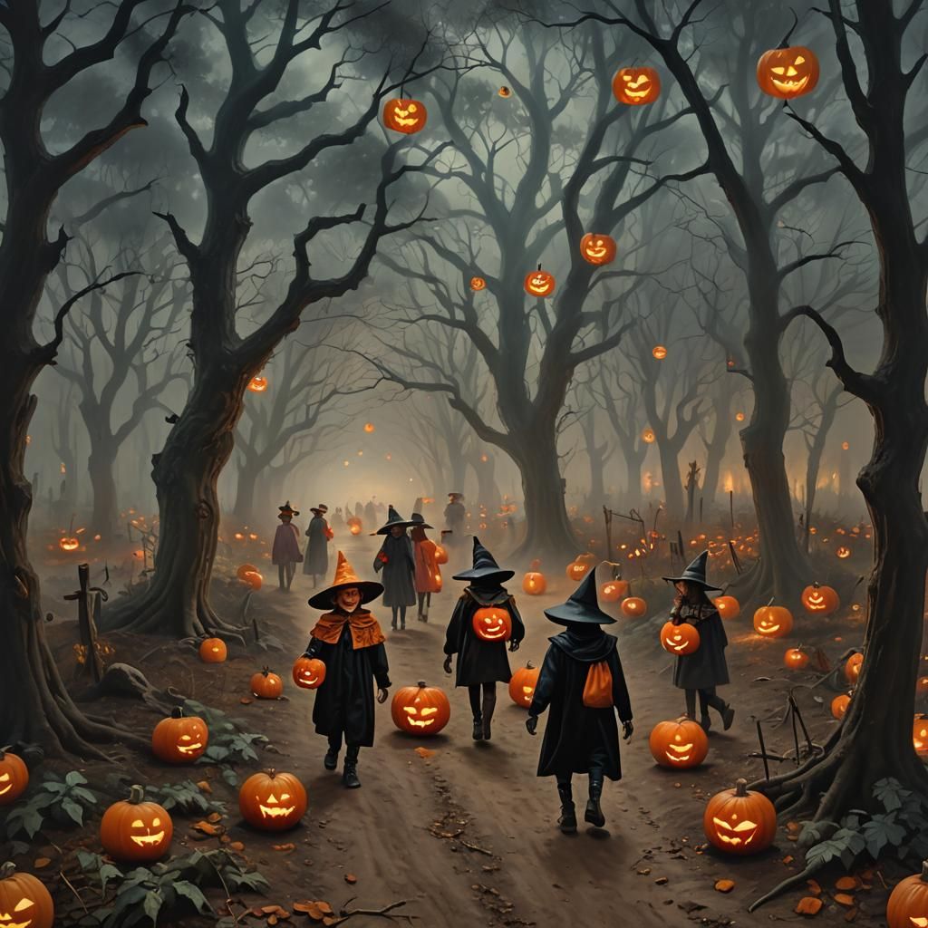 Ethereal Halloween Night: Kids Trick-or-Treating in Oil Pain...
