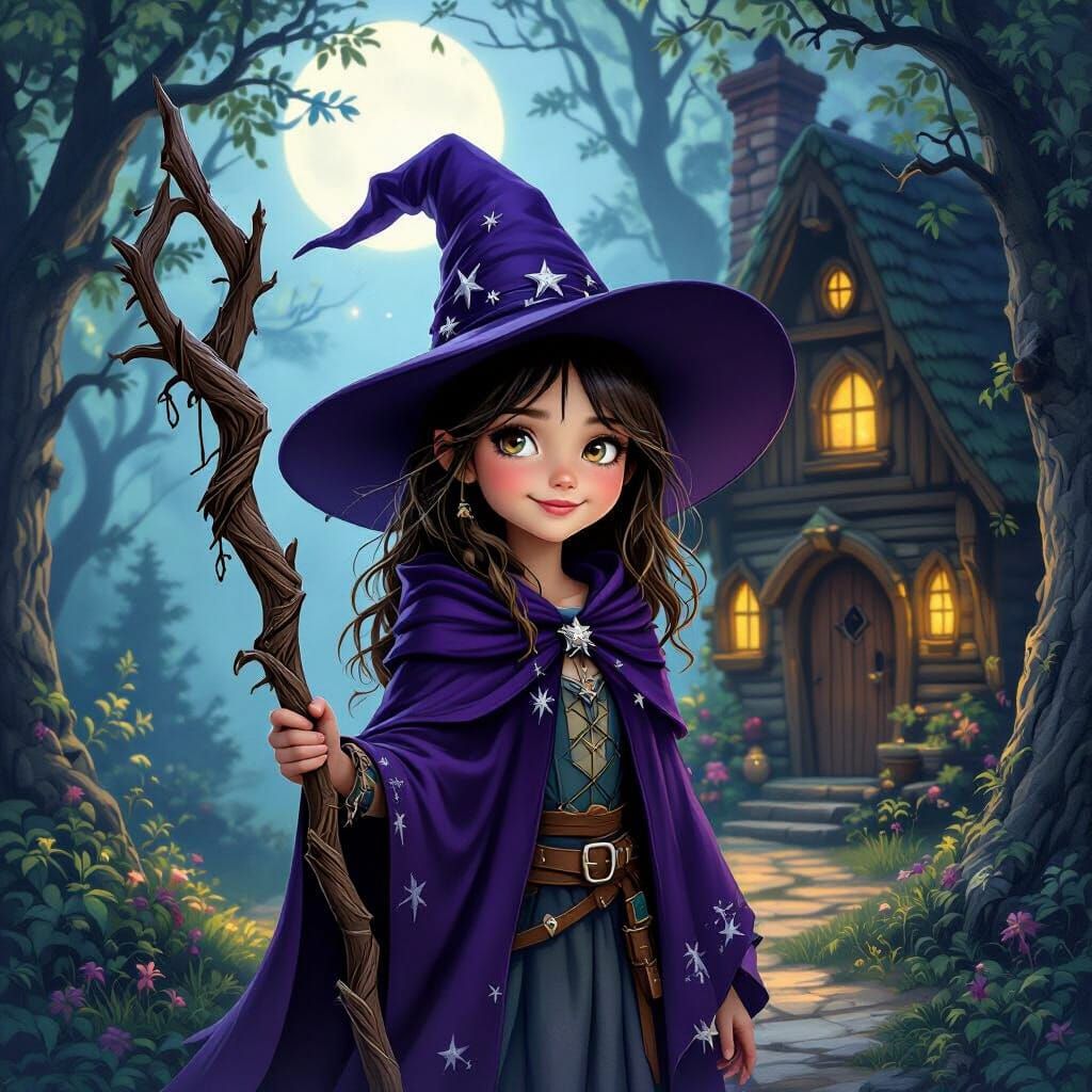 Enchanted Forest Witch Outside Rustic Cabin