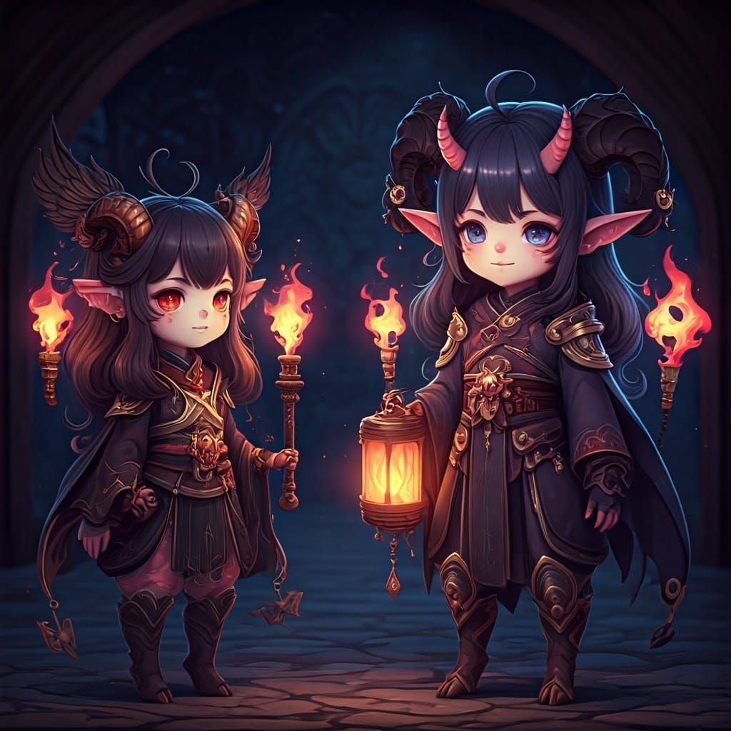 Cute Demons in Anime Style, 3D Render