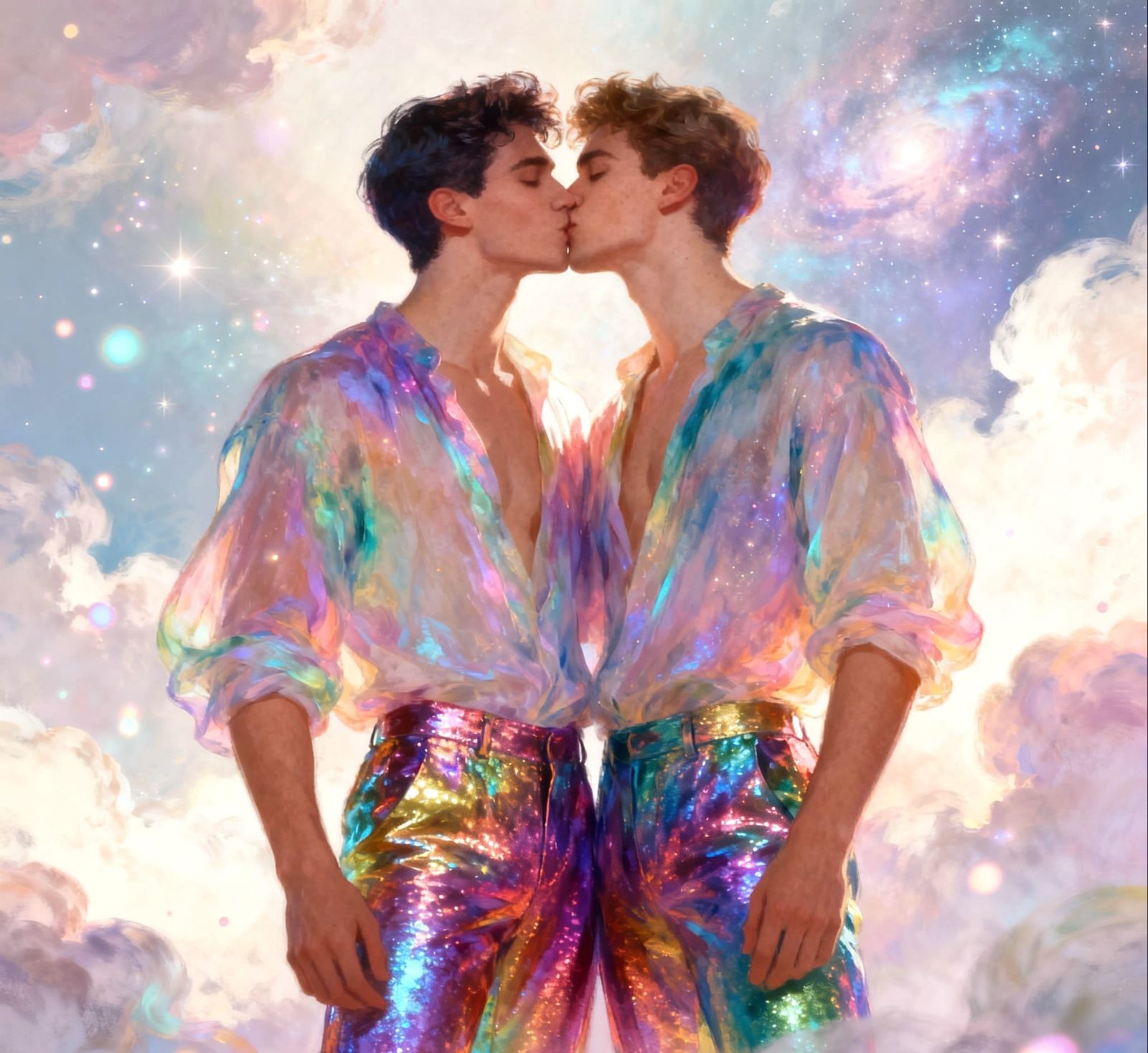 Ethereal Kiss of Two Gay Men in Magical Hues