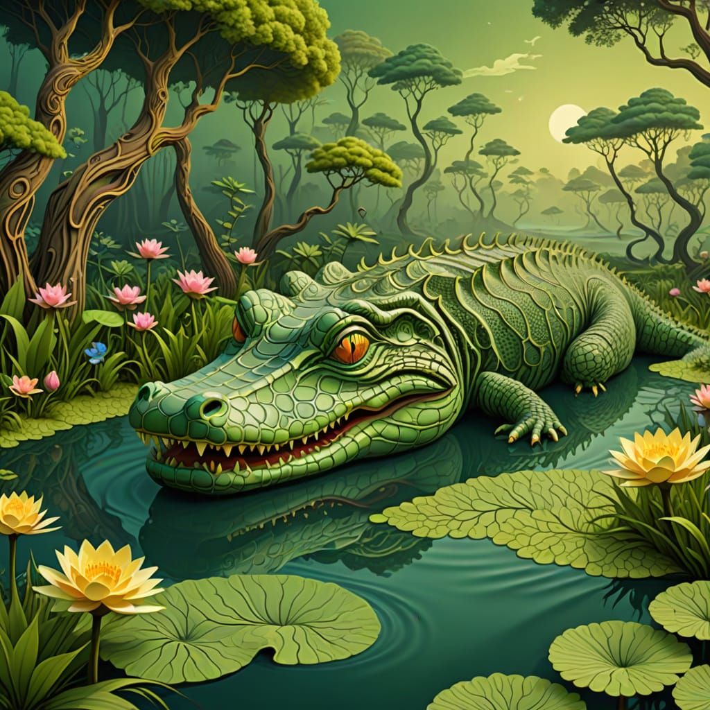 Abstract Alligator in Psychedelic Swamp