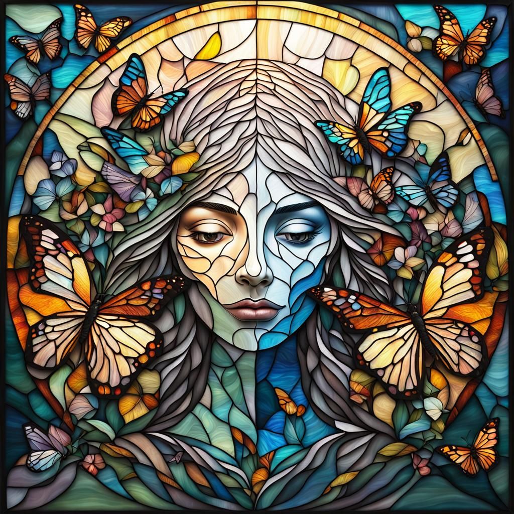 Surreal Stained Glass Collage of Mother and Child