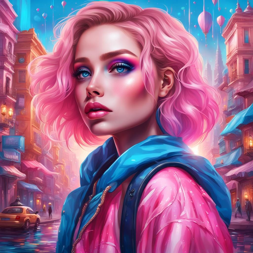 Beautiful Girl with Blue Hair in Fantasy City