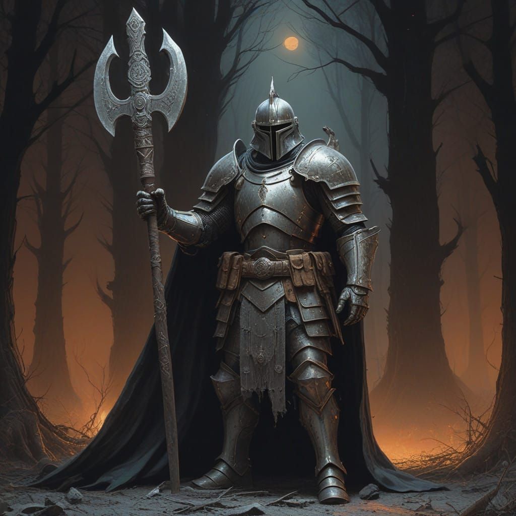 Mystical Knight Wields Axe in Sunset Forest