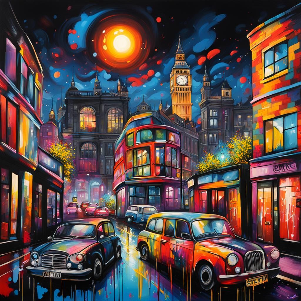 Colorful London Nightscape in Graffiti Art Style
