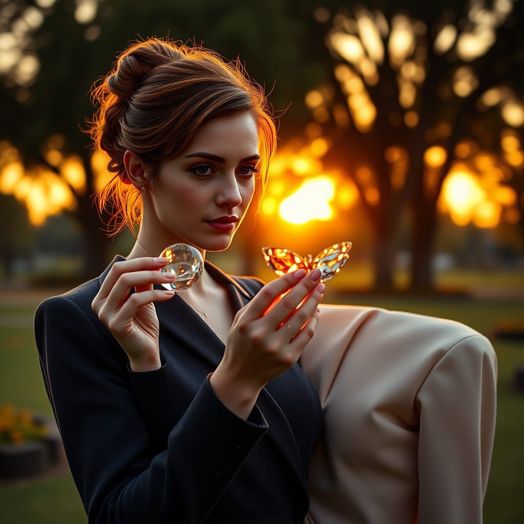 Elegant Woman Touches Crystal Butterfly in Sunset Park