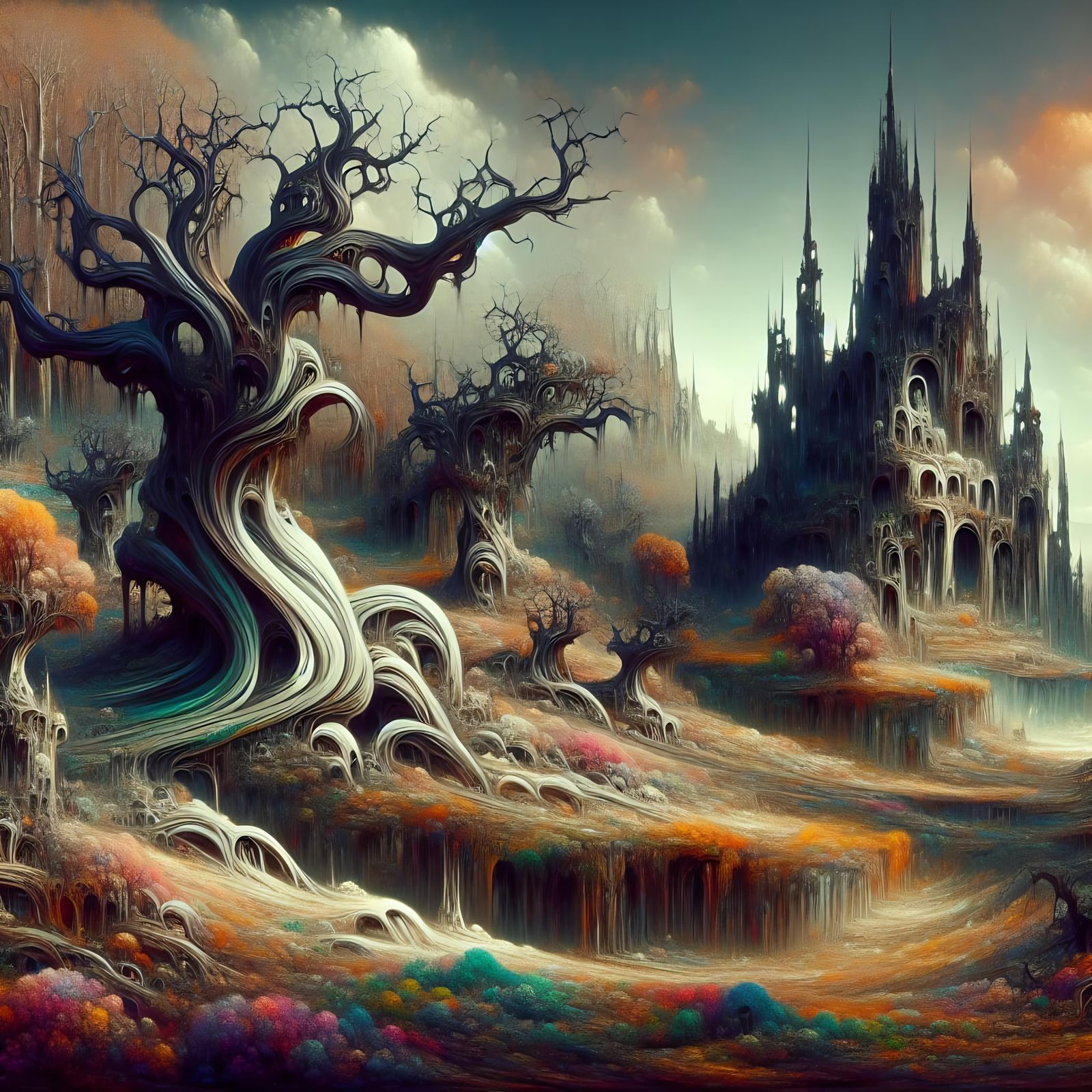 Surreal Gothic Landscape with Vivid Accents