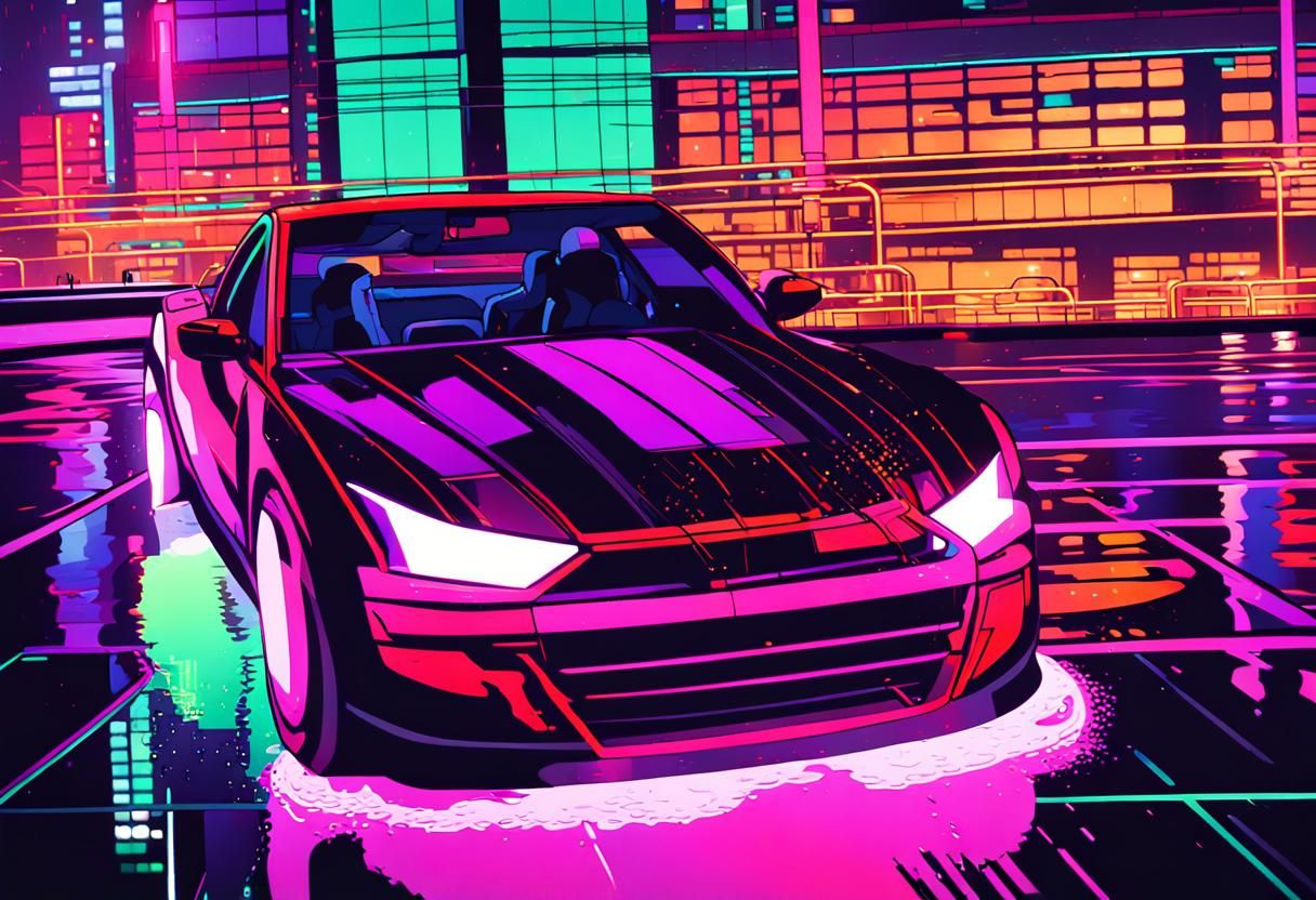 Cyberpunk Cityscape with Neon Lights and Driver