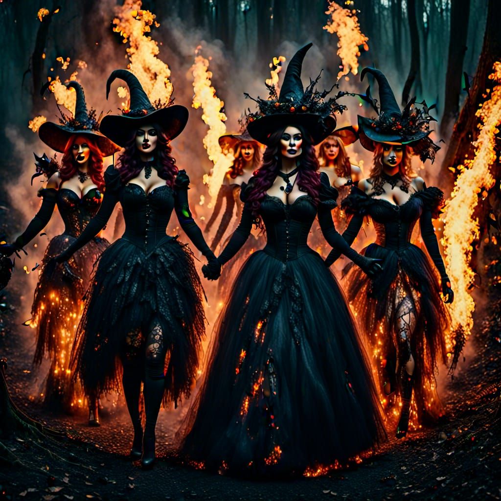 Fairy-Witches Dance Around Fire in Cinematic Film Still