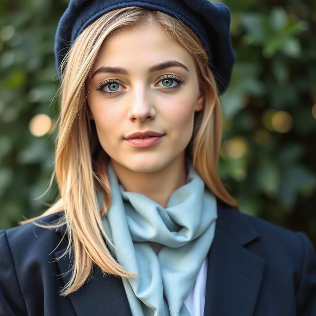 Elegant Young Woman in Pastel Blue Scarf and Navy Beret