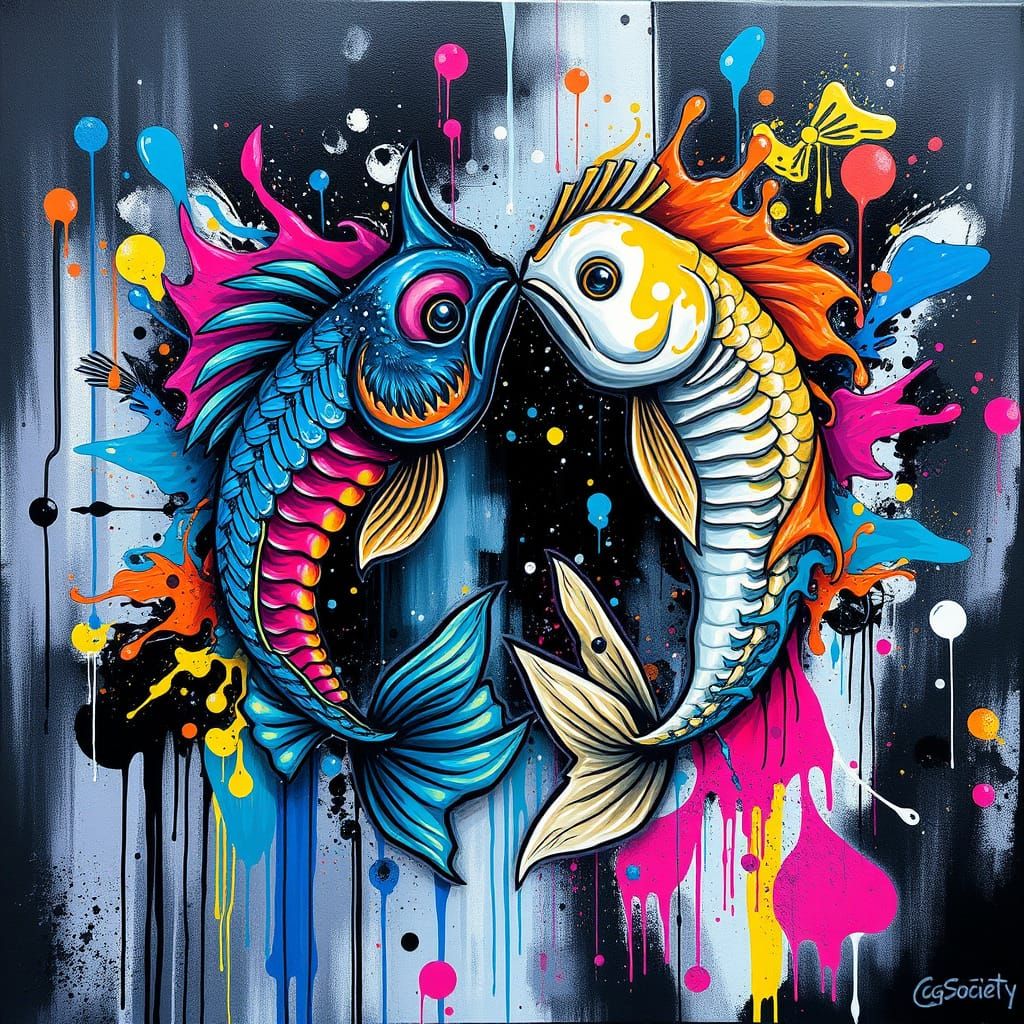 Mystical Pisces Zodiac in Vibrant Graffiti Style