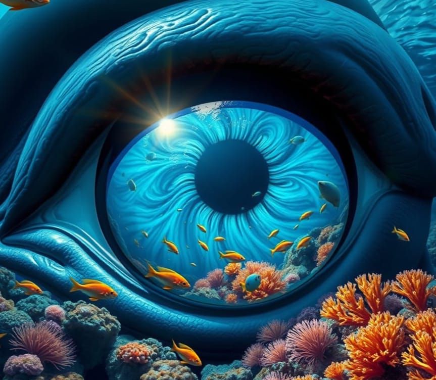 Whale's Eye Reflects Vibrant Coral Reef in Hyper Realistic D...