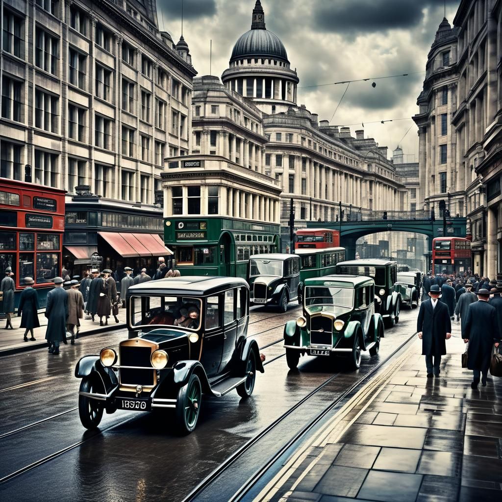 Bustling London Street Scene in the 1920s