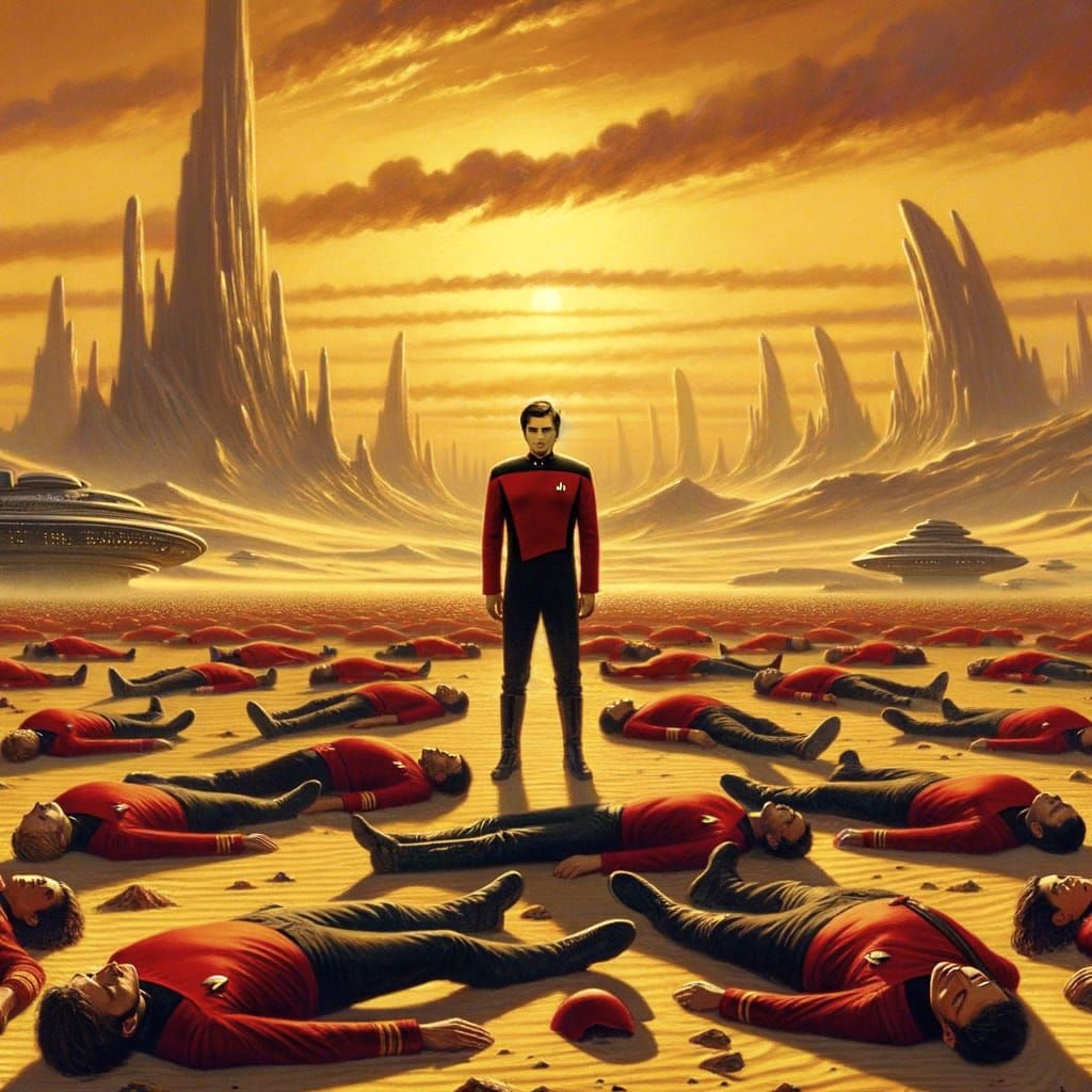 Red Uniform Figures in Desert Landscape as Acrylic Painting