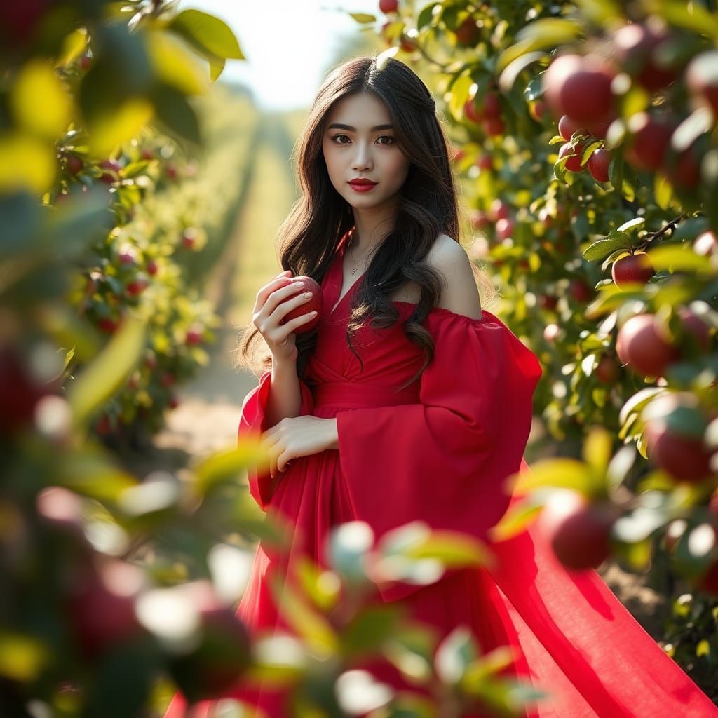 Japanese Girl in Orchard with Red Apple