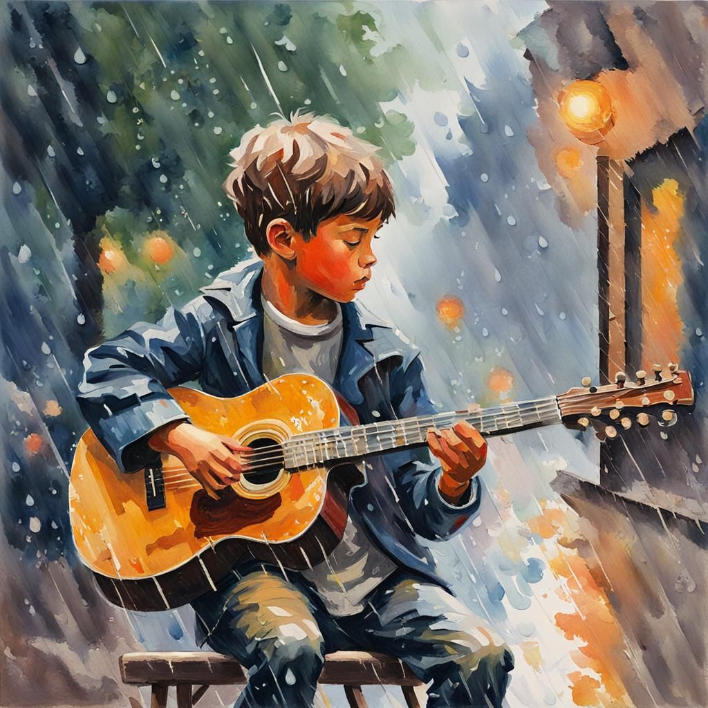 Boy Plays Guitar in Rainy Gouache Impressionism
