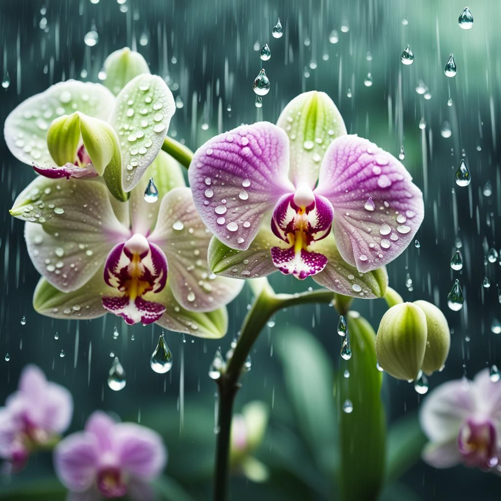 Hyperrealistic Orchid with Raindrops in Lush Garden