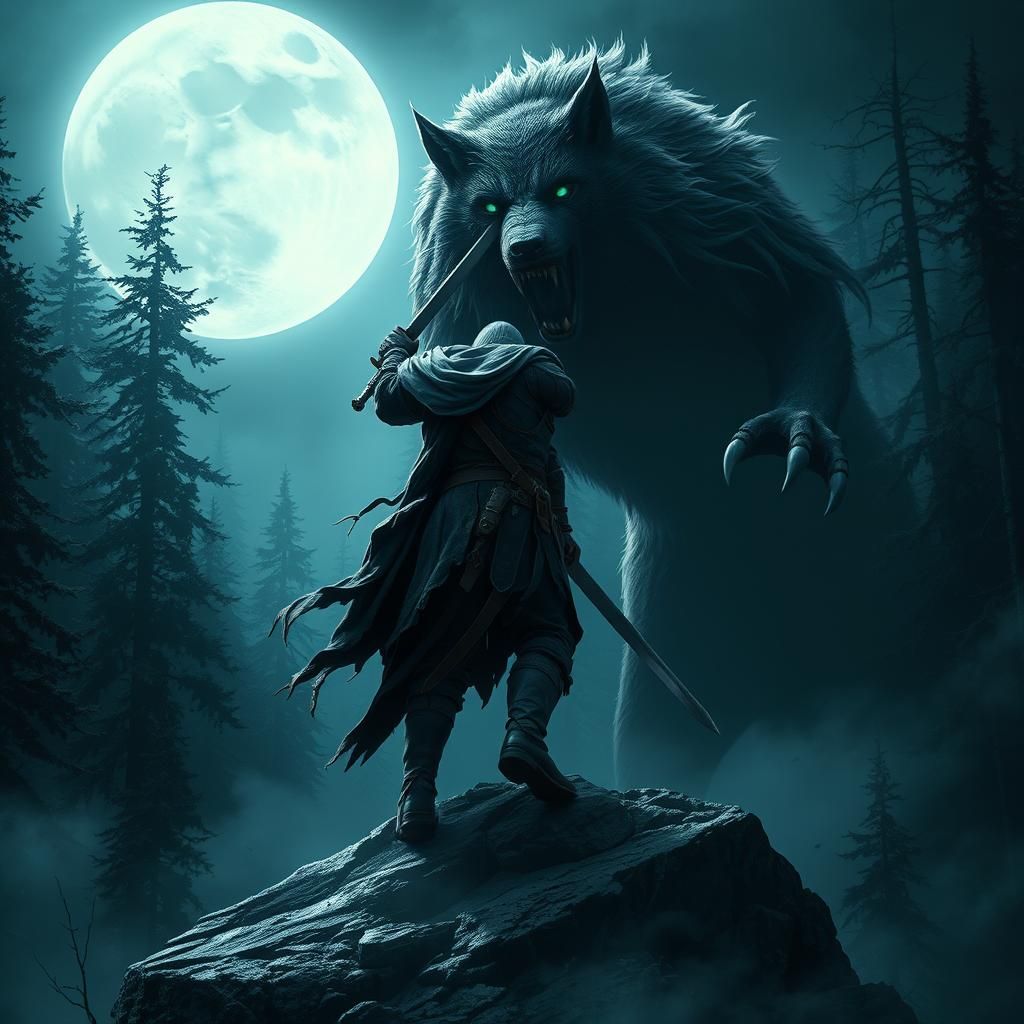 Warrior vs Werewolf in Dark Fantasy Landscape