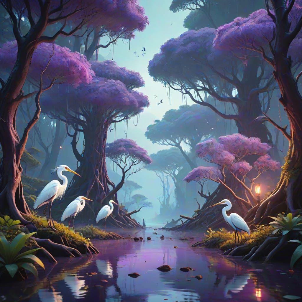 Ethereal Mangrove Forest in Purple Hues with Majestic White....