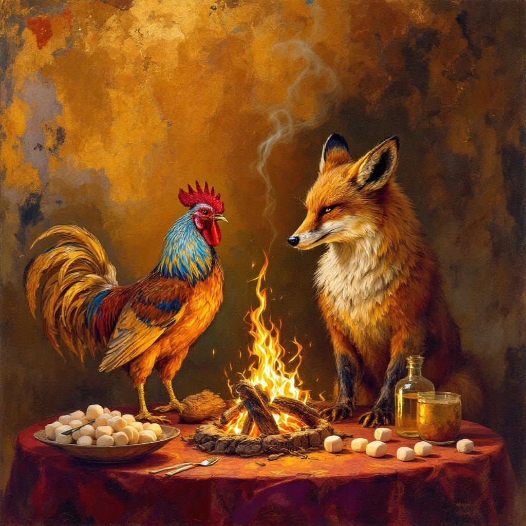 Fox and Rooster Share Campfire Warmth in Baroque Style