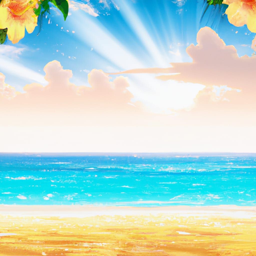 Sunny Beach with Palm Trees and Hibiscus