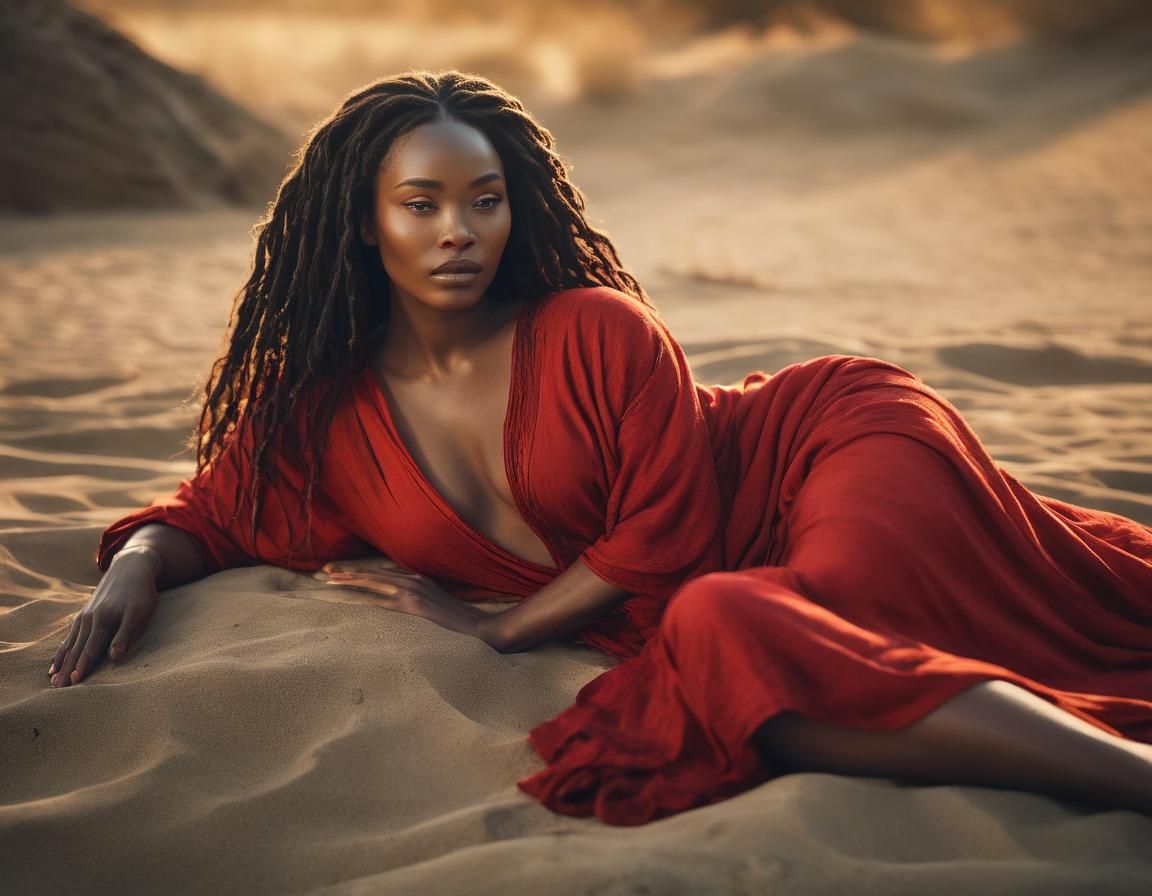 African Woman in Red Robe, Golden Hour Portrait