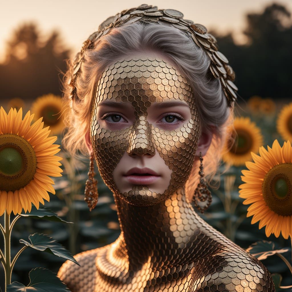 Stunning Woman Portrait Shaded with Gold Coins in Golden Hou...