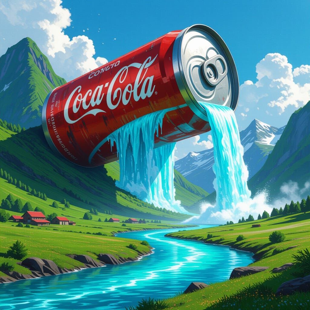 Surreal Coca-Cola Waterfall Landscape in Sci-Fi Style