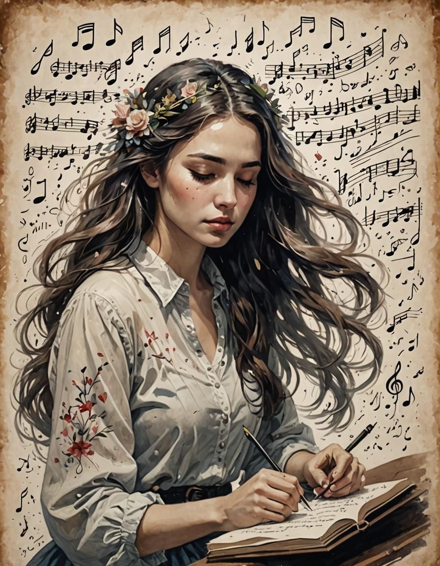 Young Woman Writing a Song with Floating Lyrics