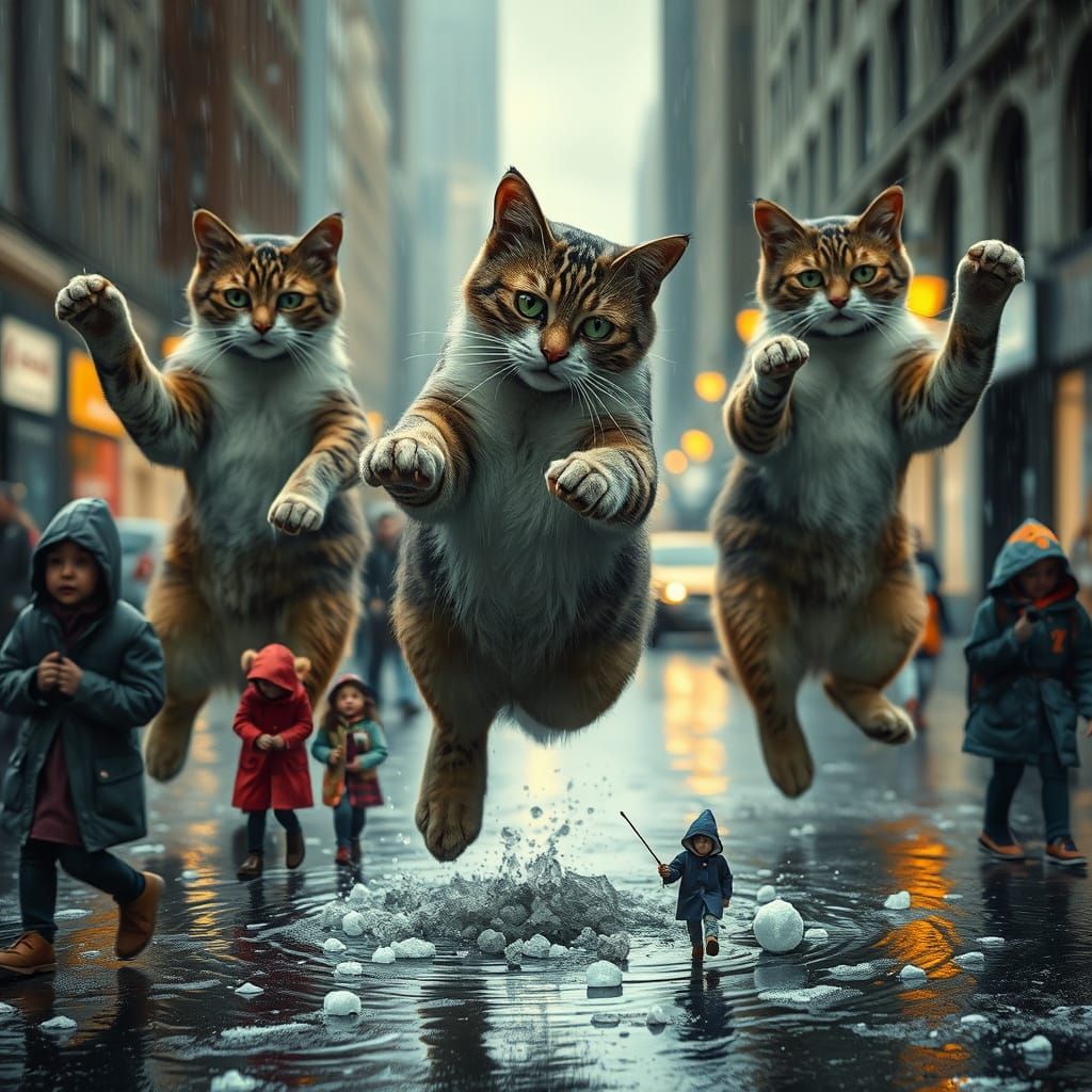 Giant Felines Dance Amidst Hailstorm Whimsy