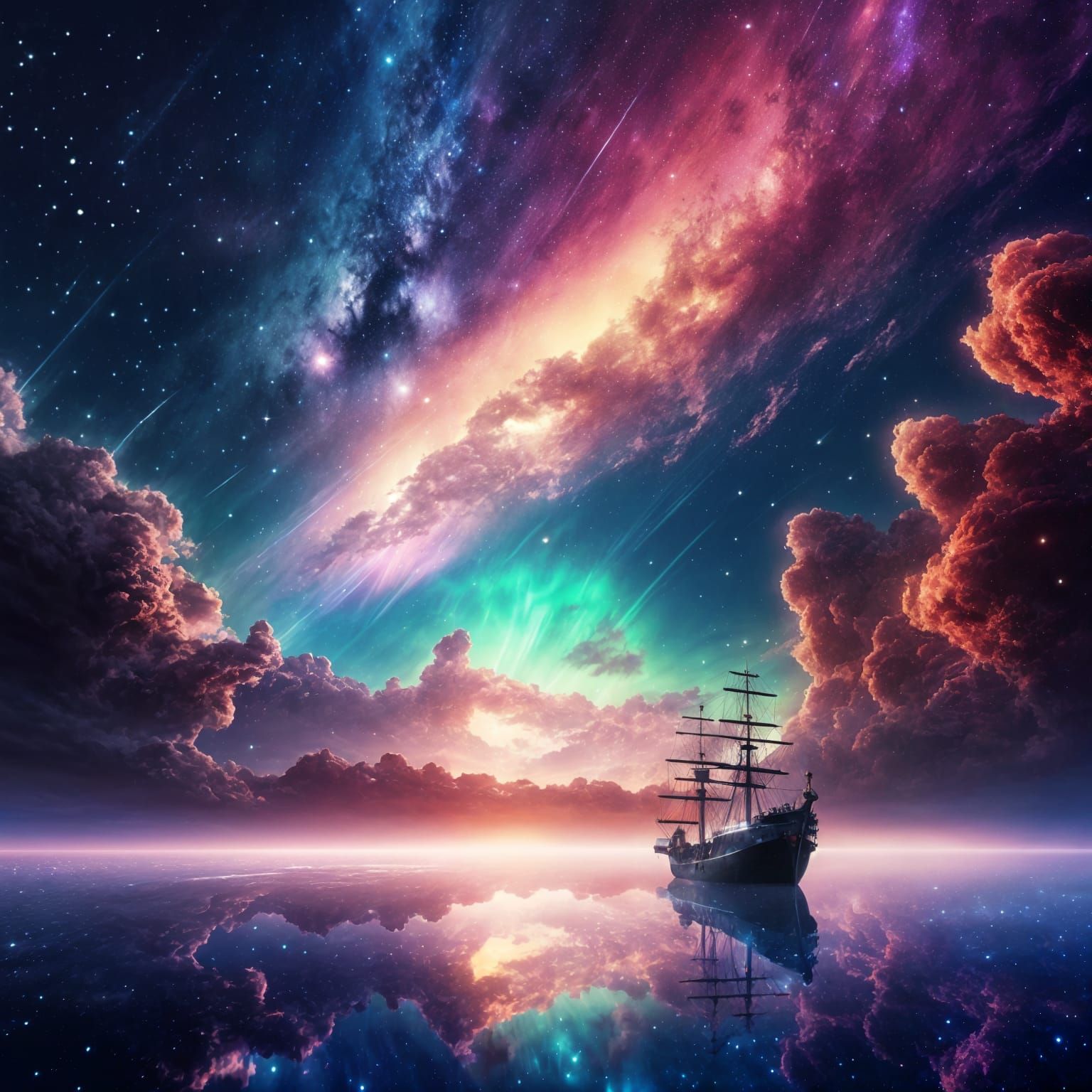 Ship Sailing Under a Starry Nebula Aurora Sky