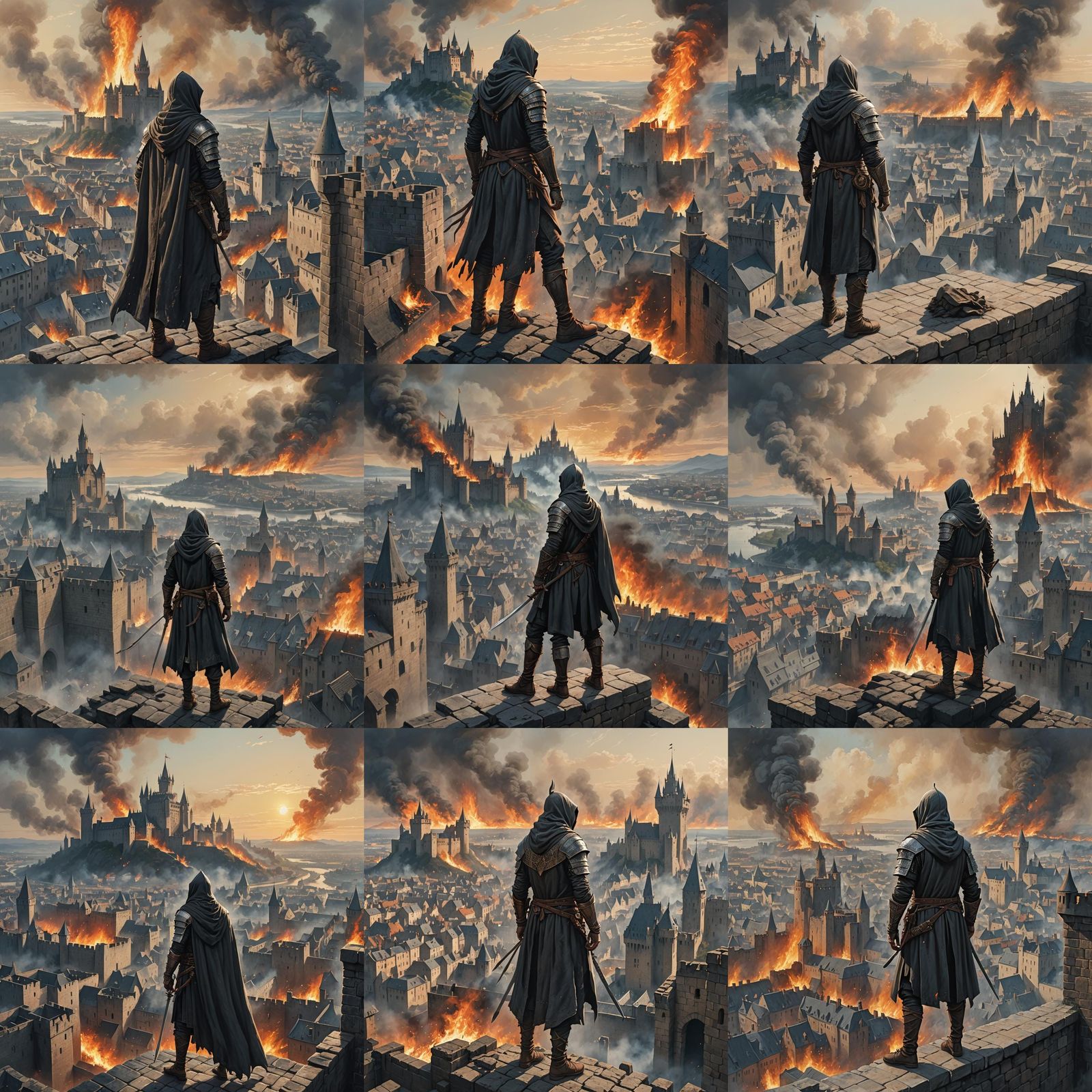 Warrior Watching Burning City From Wall