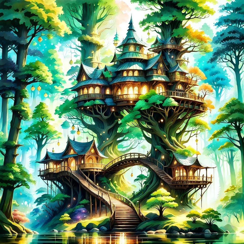 Elaborate Treehouse in Magical Forest Watercolor
