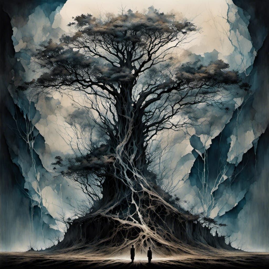 Surreal Cross Emerges from Intricately Detailed Tree